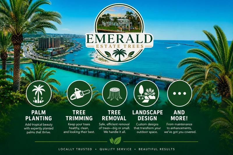 Tree service promotional graphic with palm planting, trimming, removal, and landscape design icons